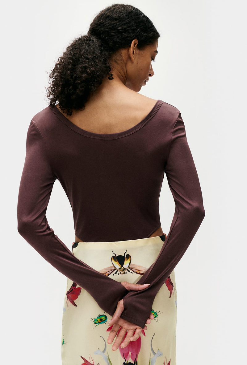 JERSEY MODAL LONG SLEEVE CUTAWAY BODYSUIT CACAO