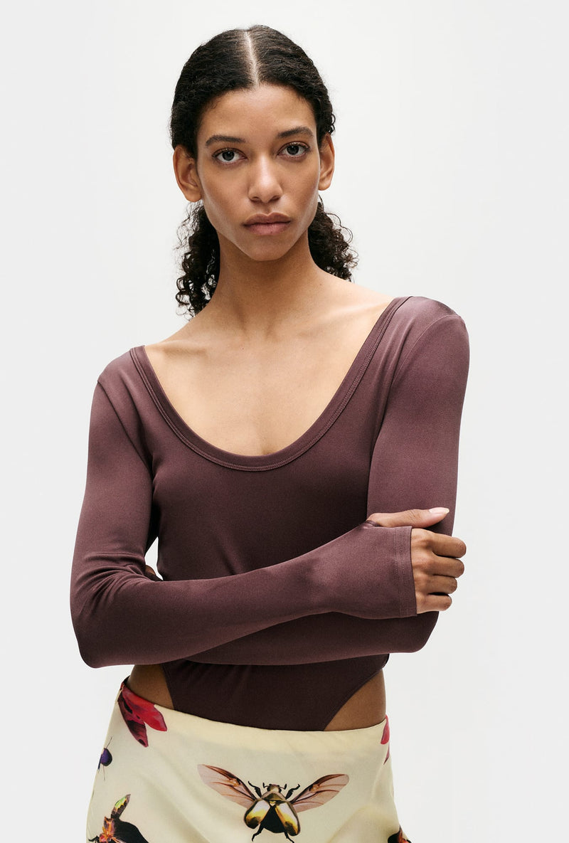 JERSEY MODAL LONG SLEEVE CUTAWAY BODYSUIT CACAO