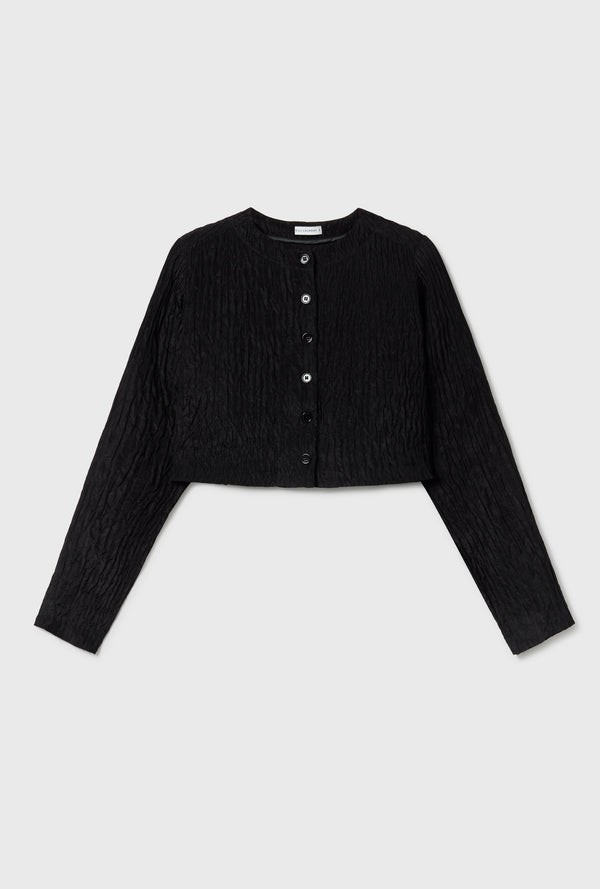 CRINKLE COLLARLESS CROP SHIRT BLACK