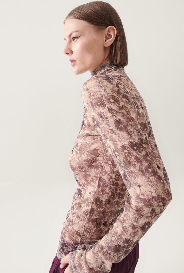 SILK MESH TURTLENECK ASTER FLORAL